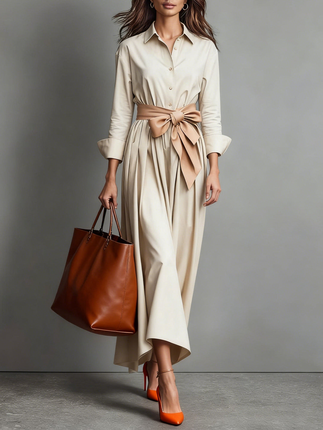 Chic women's A-line midi dress with long sleeves, button-front detail, and a self-tie waist, great for elegant casual wear.
