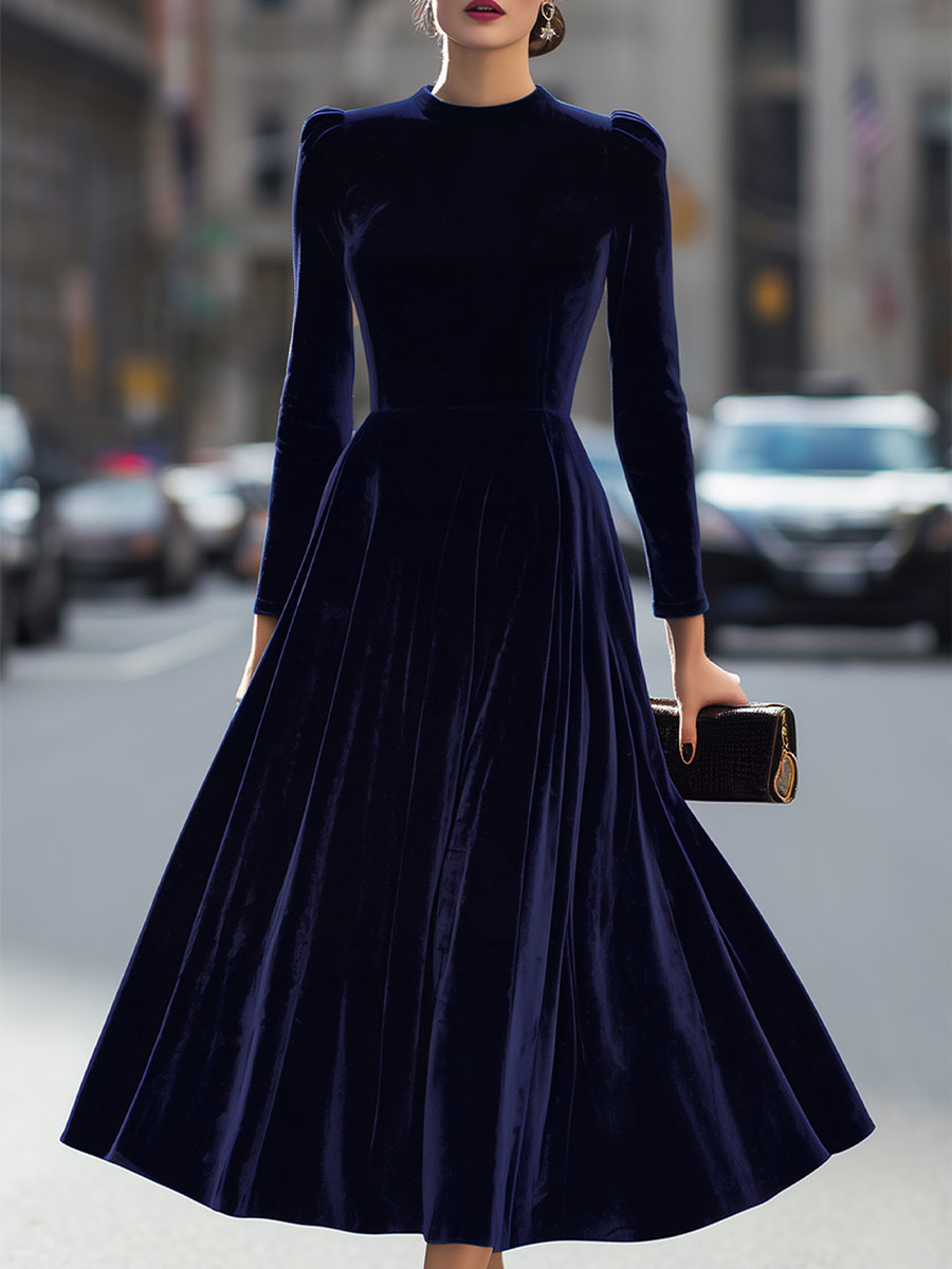 Elegant A-line long sleeve midi dress for autumn/winter wedding guests, formal events, and cocktail parties.