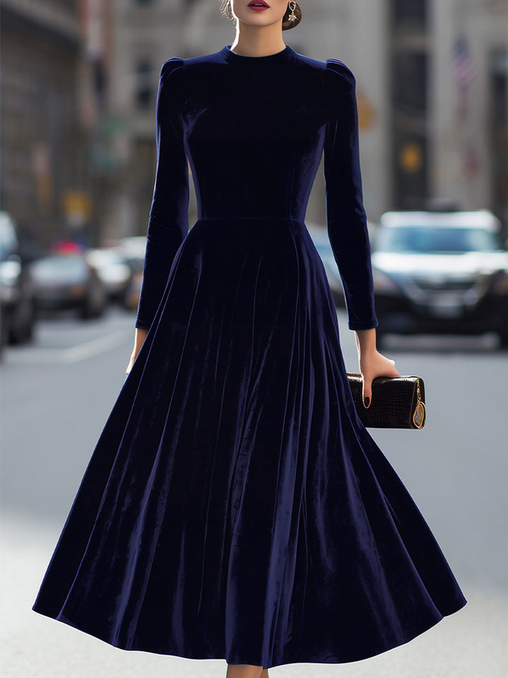 Elegant A-line long sleeve midi dress for autumn/winter wedding guests, formal events, and cocktail parties.