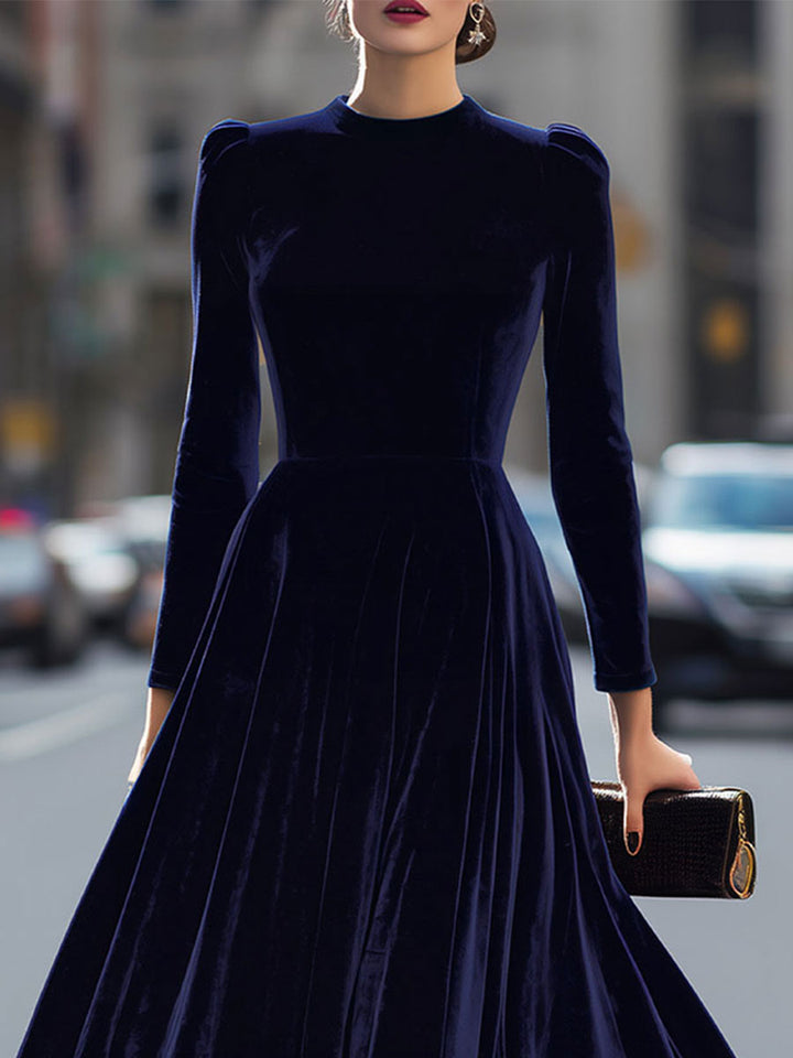 Chic midi A-line dress with long sleeves, ideal for wedding guests, formal evenings, and special occasions.