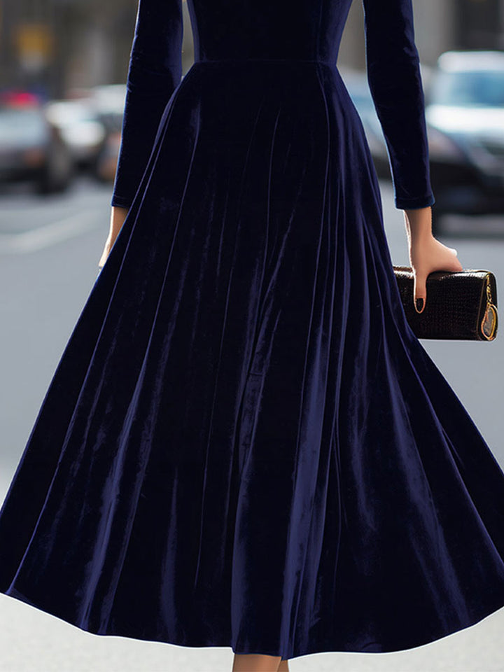 Flowy A-line midi dress with long sleeves, suitable for wedding guests, formal events, and elegant evenings.