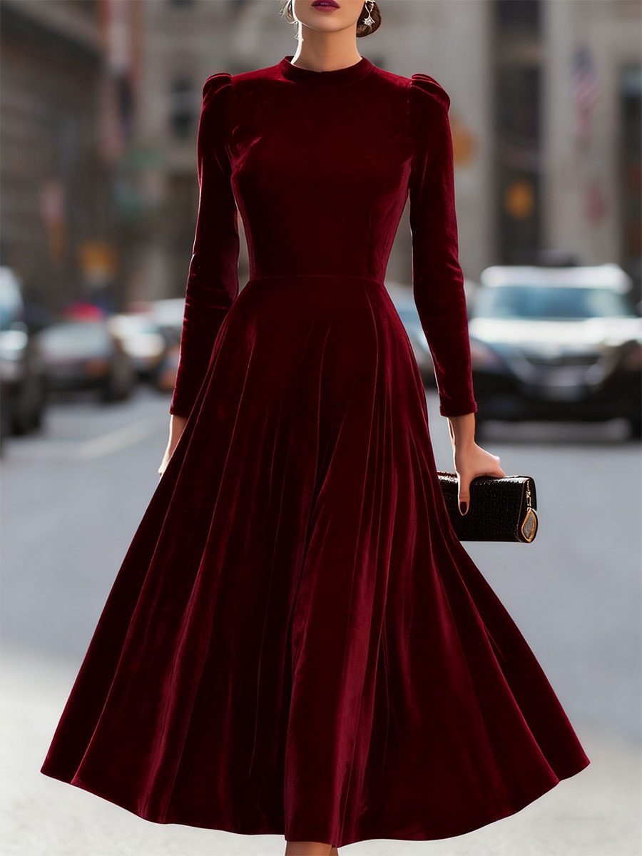 Versatile long sleeve A-line midi dress for wedding guests, cocktail parties, evening gowns, and formal wear.