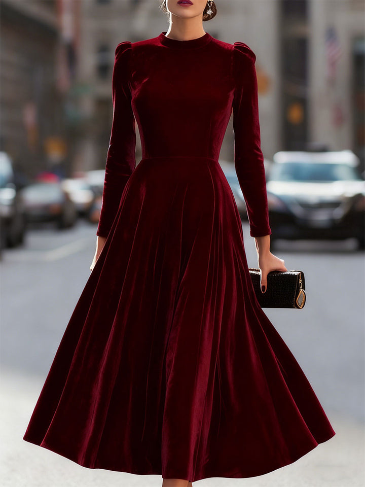 Versatile long sleeve A-line midi dress for wedding guests, cocktail parties, evening gowns, and formal wear.