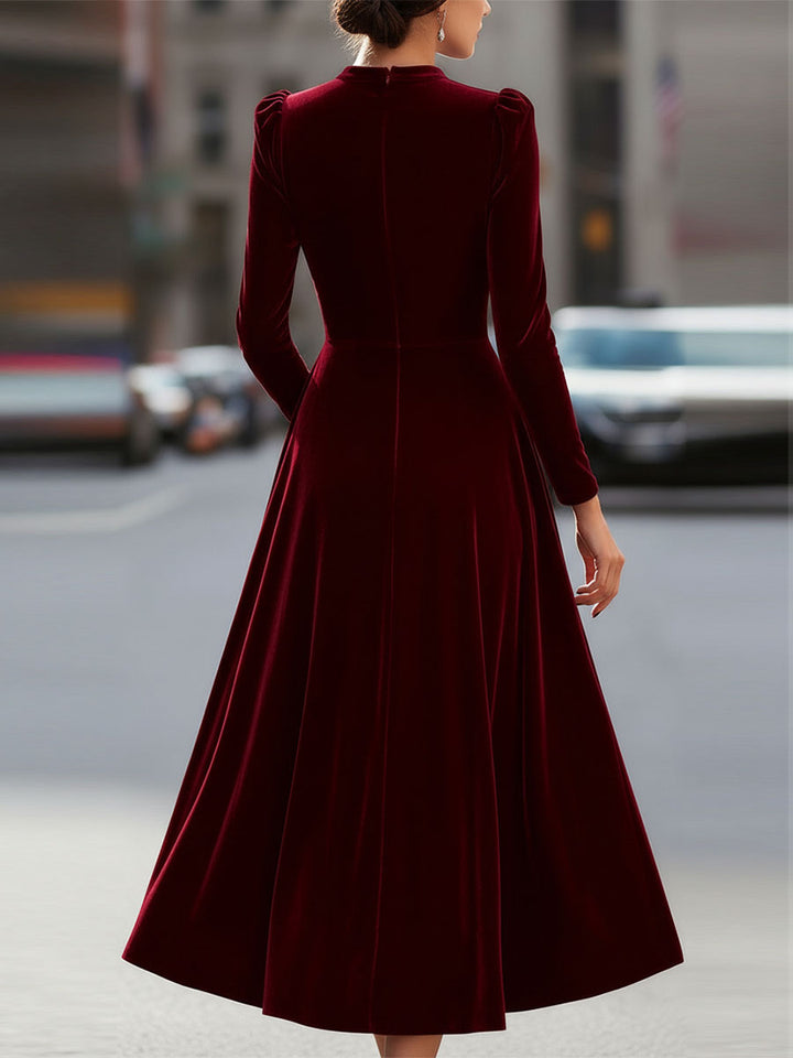 Autumn/winter long sleeve A-line midi dress for wedding guests, formal events, and elegant occasion wear.