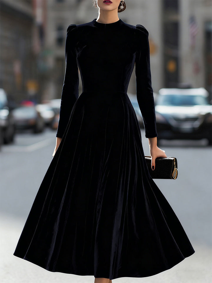 Women's elegant long sleeve A-line midi dress for wedding guests & formal special occasions.
