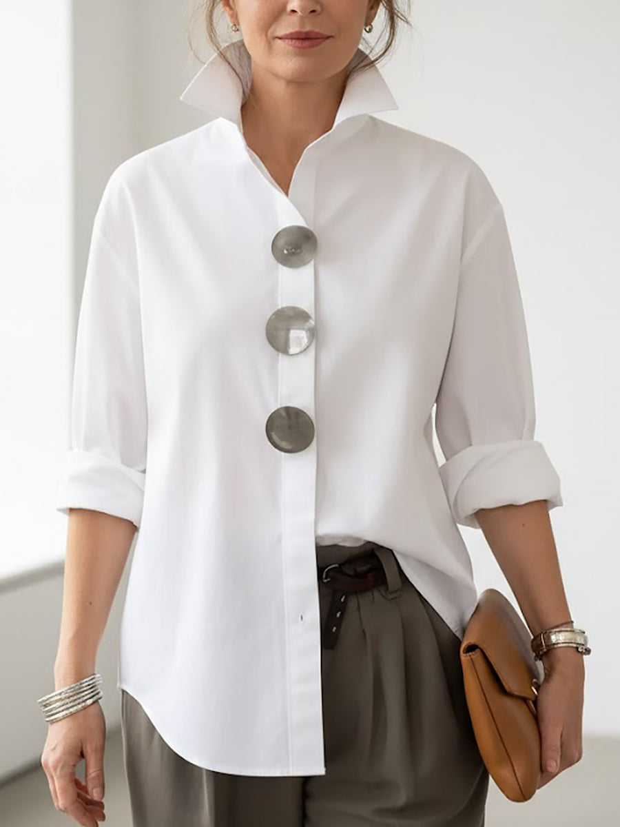 Versatile women's long sleeve blouse, perfect for casual or elegant everyday wear. Button front, stand collar.