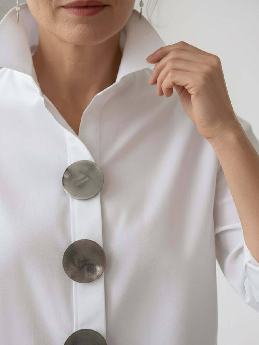 Chic women's long sleeve button-front blouse with stand collar, ideal for spring and autumn fashion.