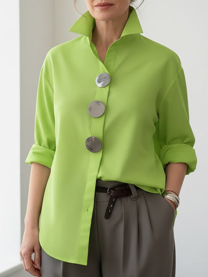 Effortless style: women's long sleeve blouse, large button front, stand collar. Perfect casual top.