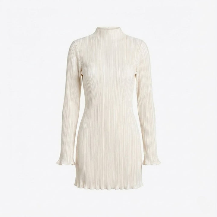 Flattering long sleeve high neck mini dress, women's stylish bodycon fit.
