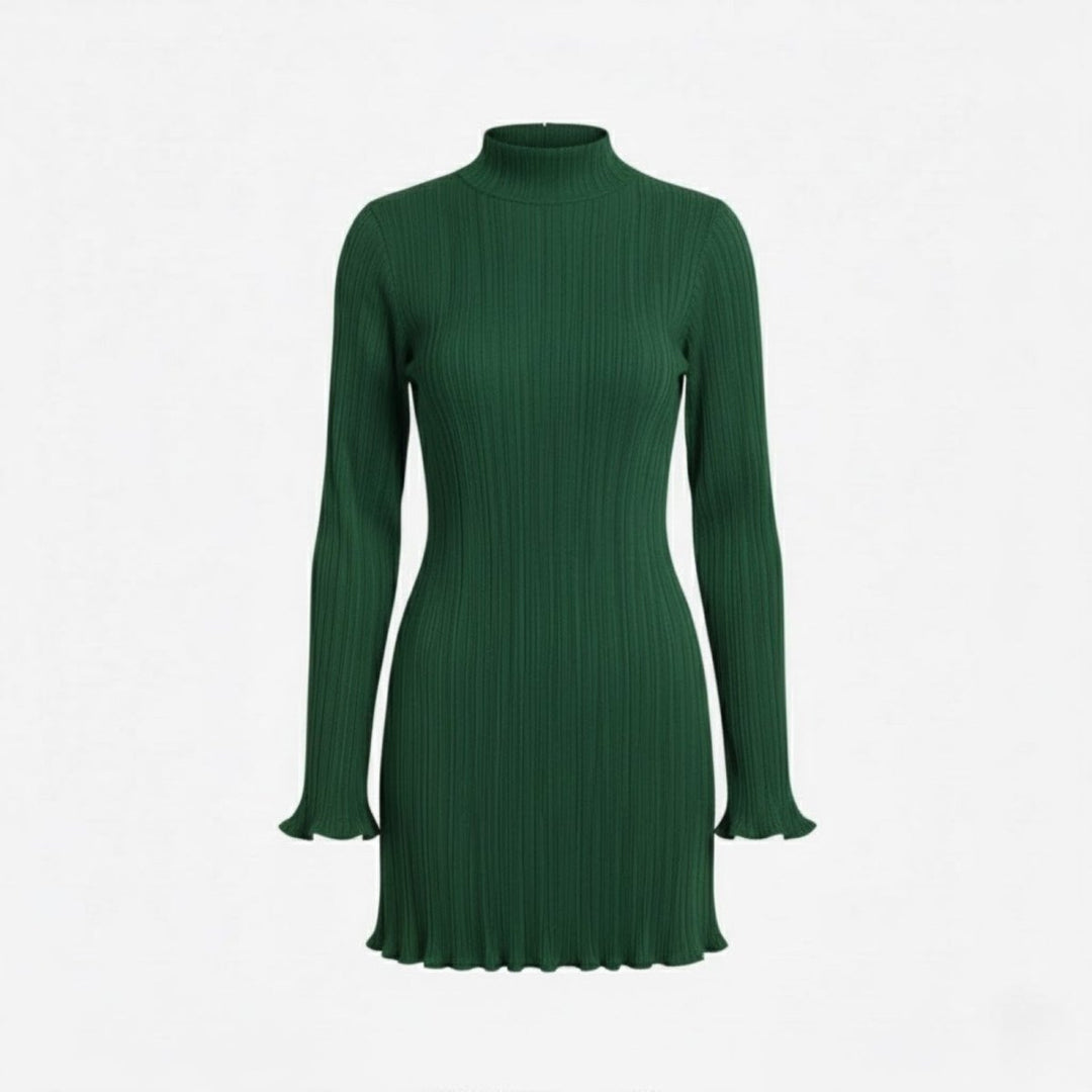 Elegant women's high neck mini dress with long sleeves, party ready.