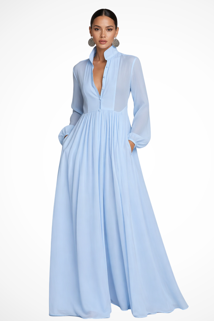 Women's long sleeve button front maxi dress with pockets. Elegant, flowy design. Ideal for spring & summer garden parties.