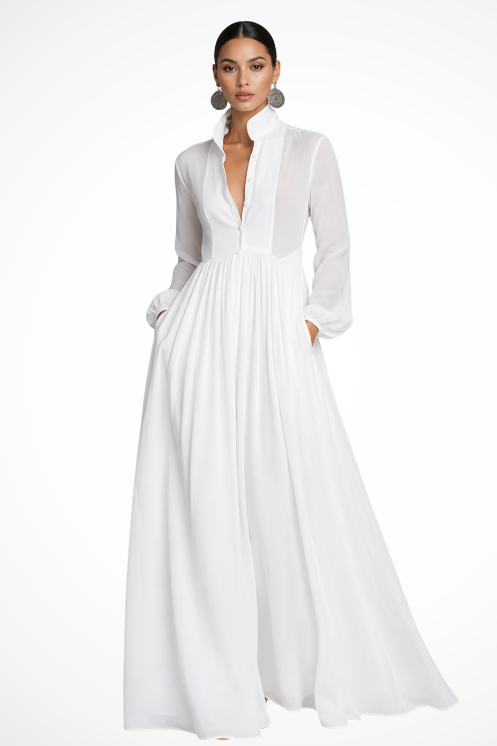 Flowy women's long sleeve button front maxi dress. Modest & comfortable with pockets. Perfect spring/summer versatile fashion.