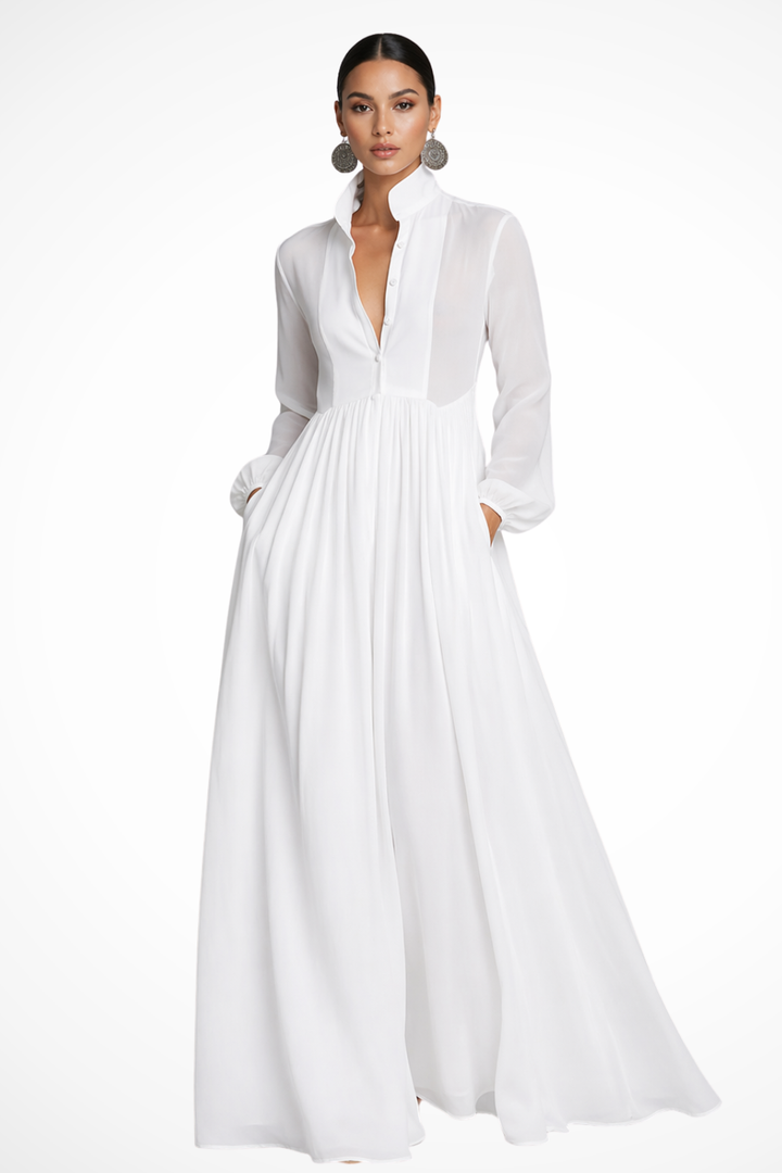 Flowy women's long sleeve button front maxi dress. Modest & comfortable with pockets. Perfect spring/summer versatile fashion.