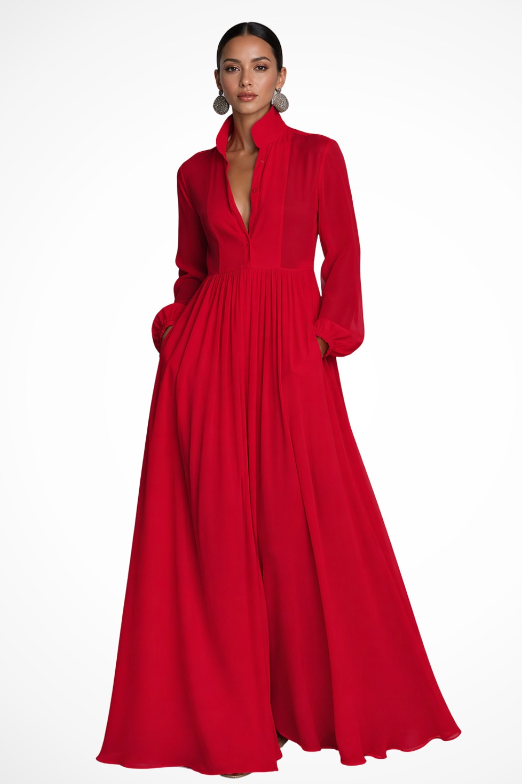 Casual women's long sleeve maxi dress. Button front, pockets, elegant flow. A versatile choice for everyday or events.
