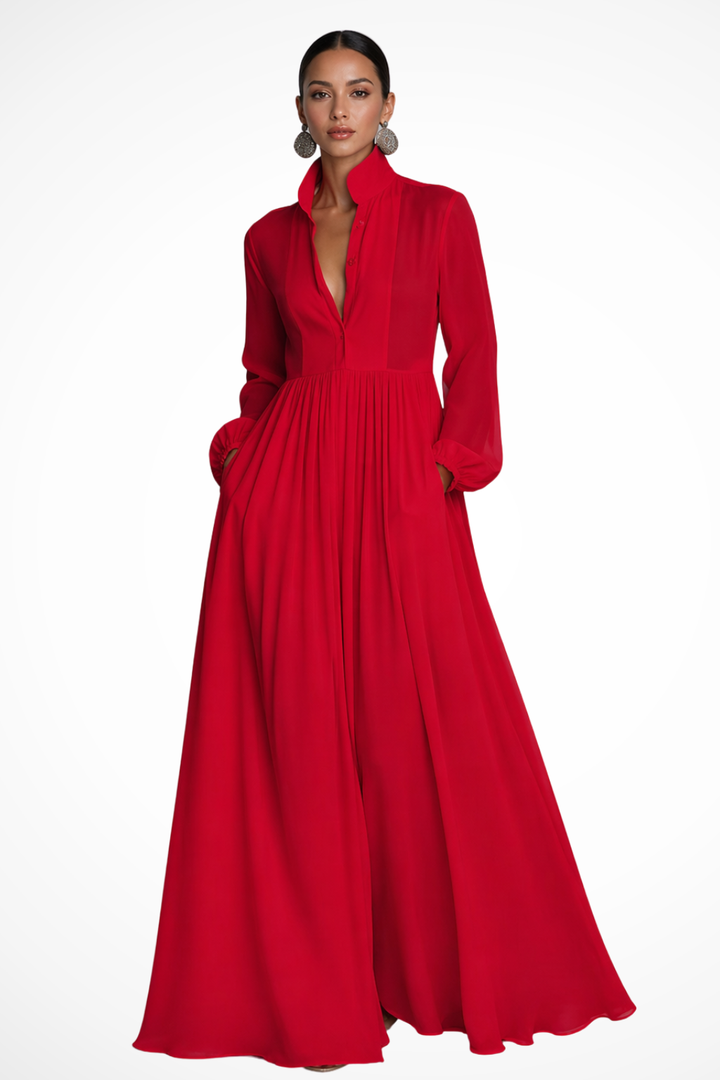 Casual women's long sleeve maxi dress. Button front, pockets, elegant flow. A versatile choice for everyday or events.