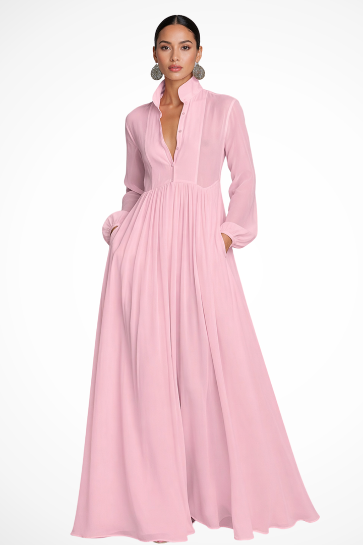 Stylish women's long sleeve button front maxi dress with pockets. Perfect for spring, summer, and elegant garden parties.