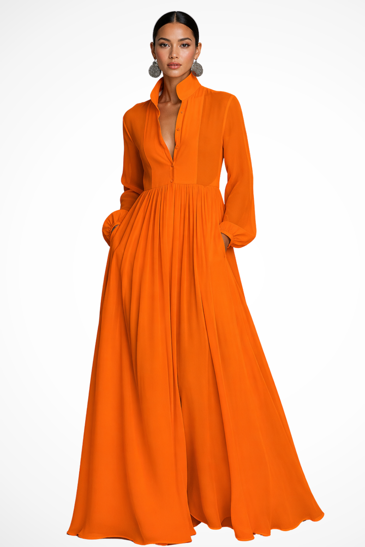 Modest women's long sleeve maxi dress, button front with pockets. Flowy & comfortable. Great for casual or special occasions.
