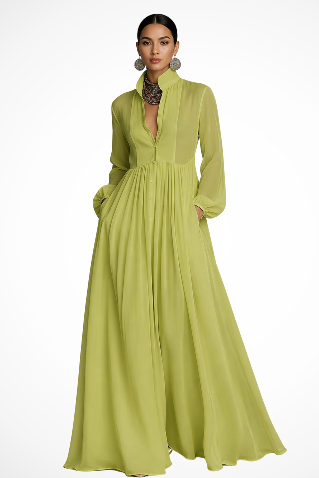 Versatile women's long sleeve button front maxi dress. Elegant, flowy, & features convenient pockets. Spring/summer style.