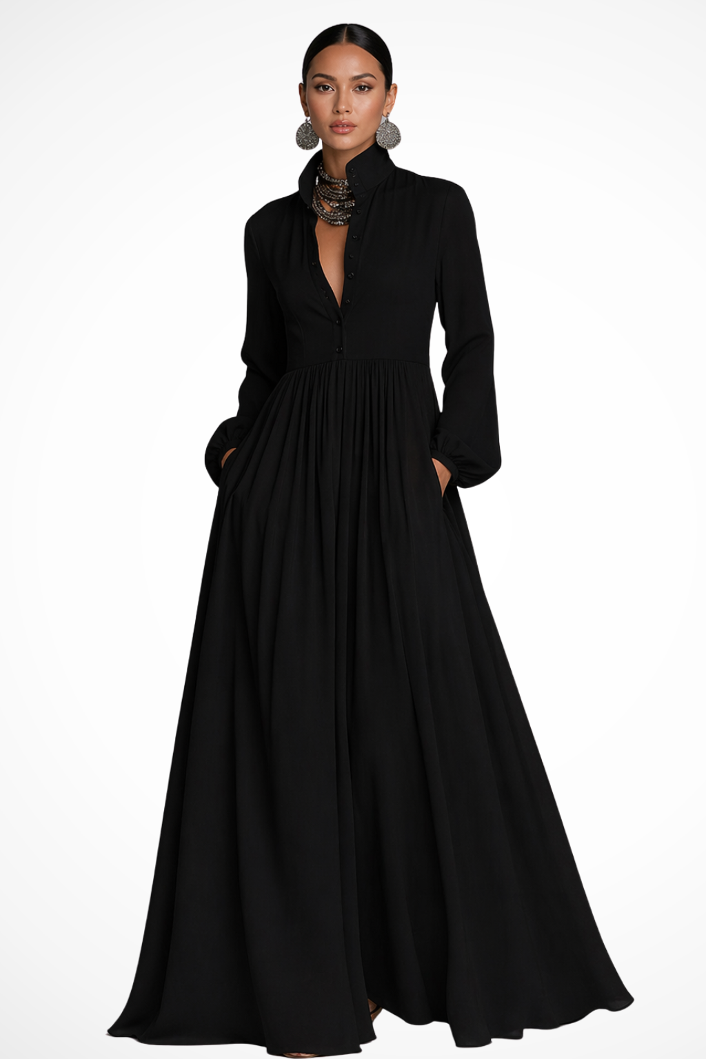 Women's long sleeve button front maxi dress. A chic, practical choice with pockets, ideal for spring garden parties.