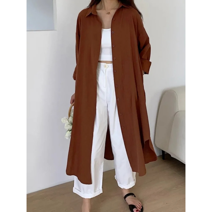 Women's long sleeve button-front shirt maxi dress, relaxed fit, perfect for versatile everyday and smart casual wear.