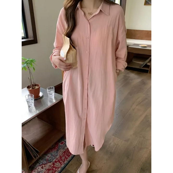 Elegant women's long sleeve button-front maxi dress with a relaxed fit, ideal for all-season smart casual fashion.