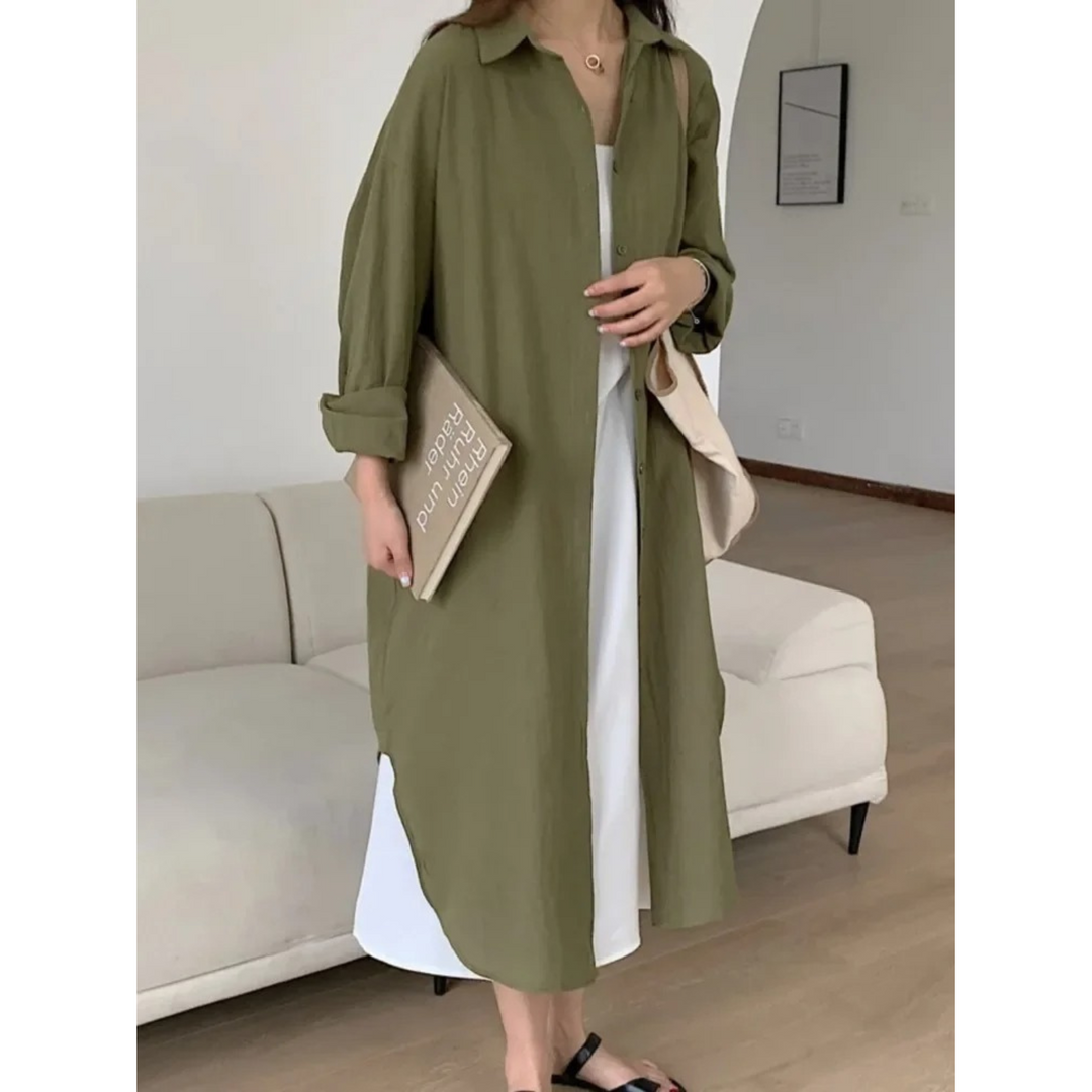 Relaxed fit women's long sleeve button-front maxi dress, a comfortable and stylish choice for casual everyday wear.