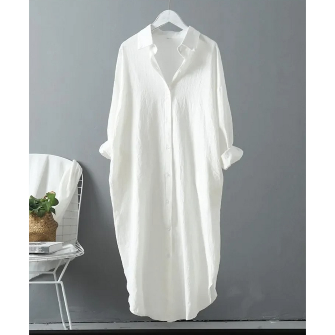 Versatile women's long sleeve button-front shirt maxi dress, relaxed fit, suitable for casual to smart casual elegance.