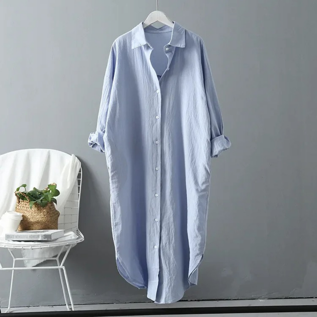 Chic women's long sleeve button-front maxi shirt dress, relaxed fit, an elegant choice for all-season comfort.
