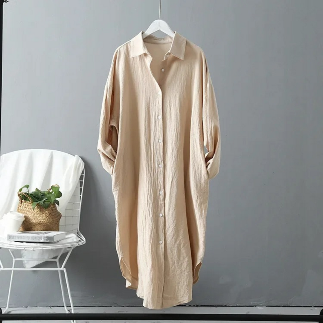Casual yet elegant women's long sleeve button-front maxi dress, relaxed fit, perfect for everyday or smart casual events.