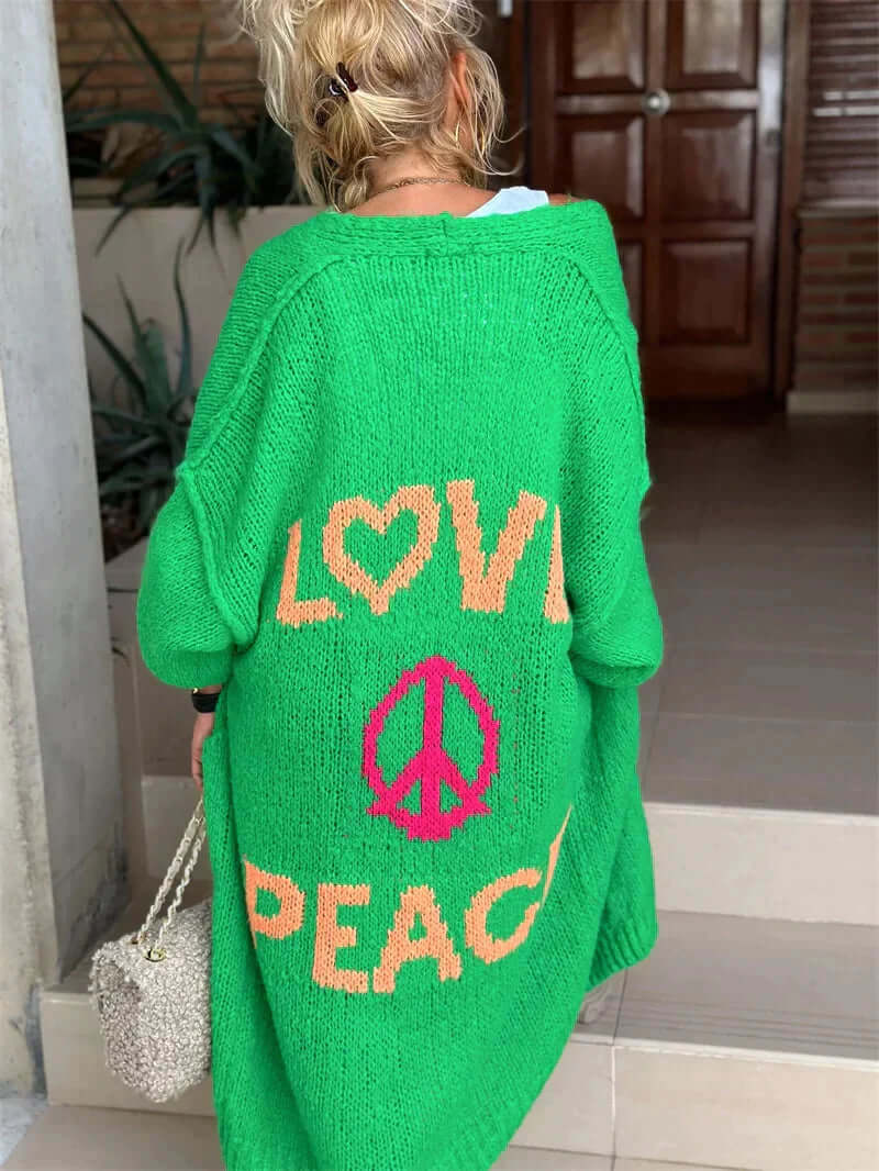 Casual women's peace & love cardigan, ideal for spring/fall. A cozy, stylish long-sleeve layering sweater.