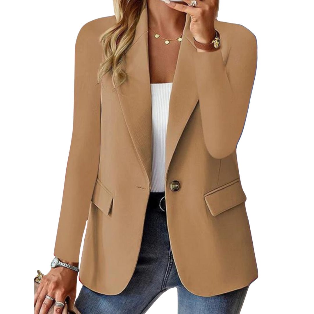 Chic women's long sleeve blazer. Sophisticated outerwear for a tailored look, versatile for office wear or casual elegance.