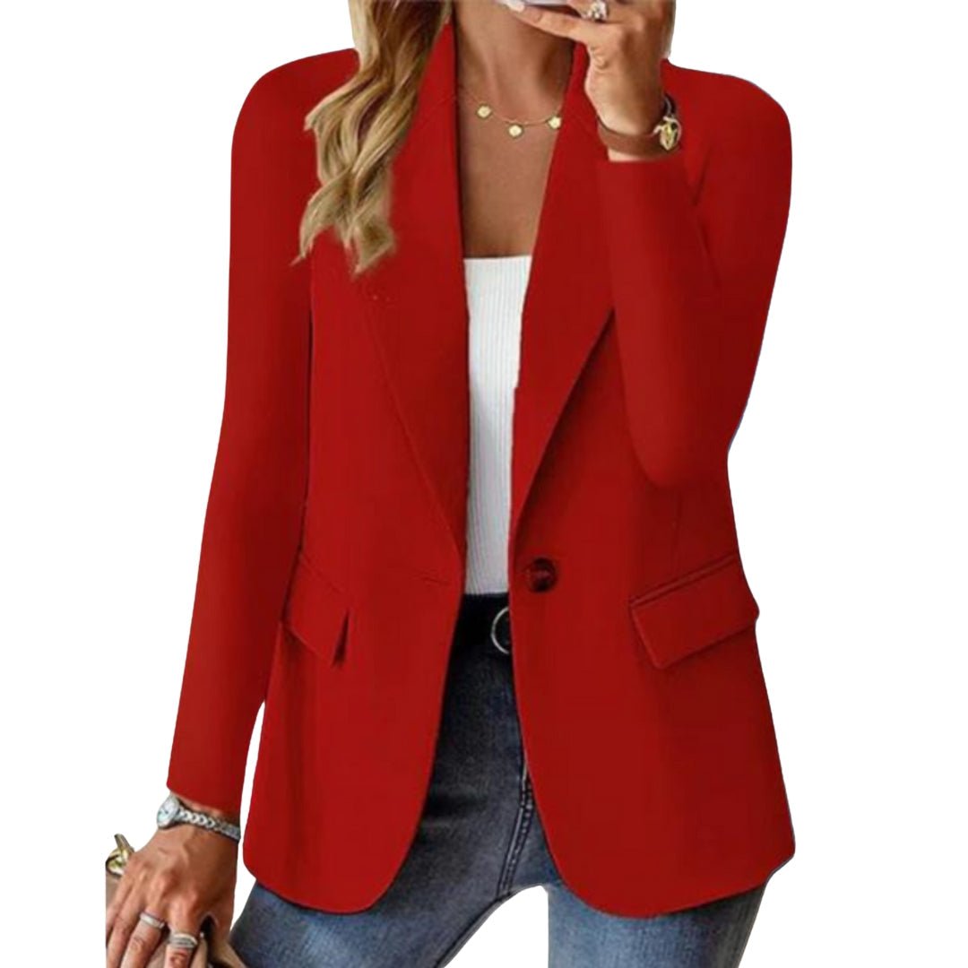 Women's long sleeve tailored blazer featuring a classic notch lapel, ideal for a smart casual office look.