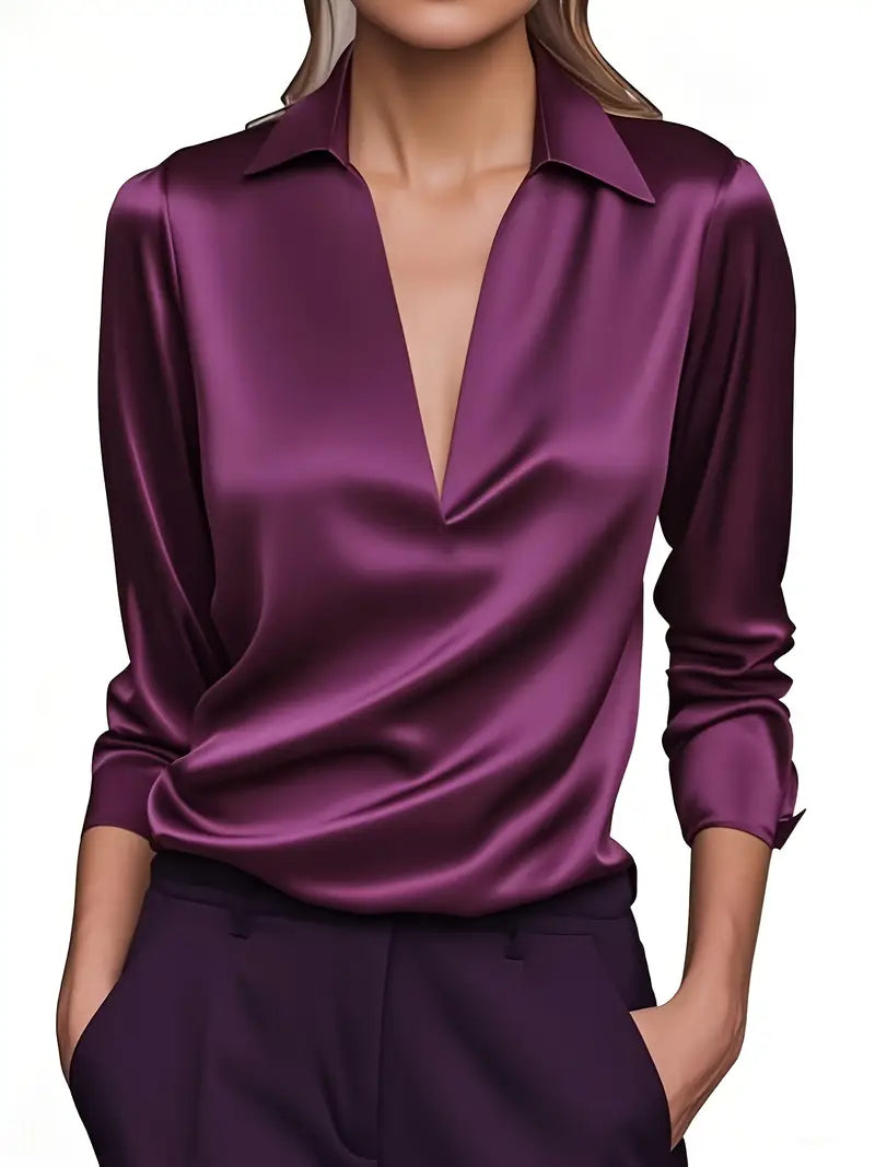 Chic blue women's long sleeve V-neck blouse with collar, elegant & versatile for daily fashion.
