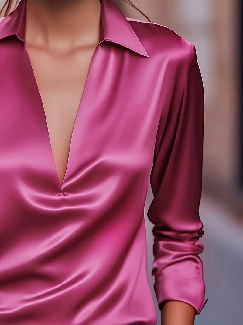 Lightweight women's long sleeve collared V-neck blouse, perfect for all seasons and elegant layering.