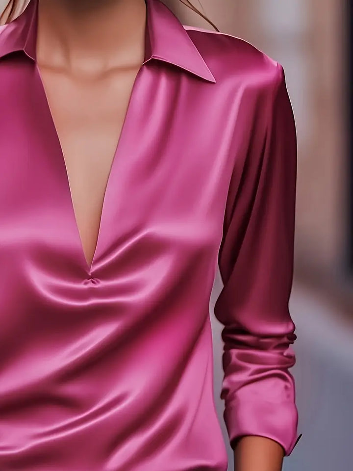 Lightweight women's long sleeve collared V-neck blouse, perfect for all seasons and elegant layering.