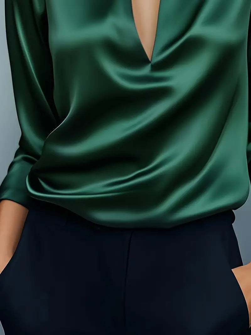 Side view: Black women's long sleeve V-neck blouse with a collar, showcasing its versatile fashion.