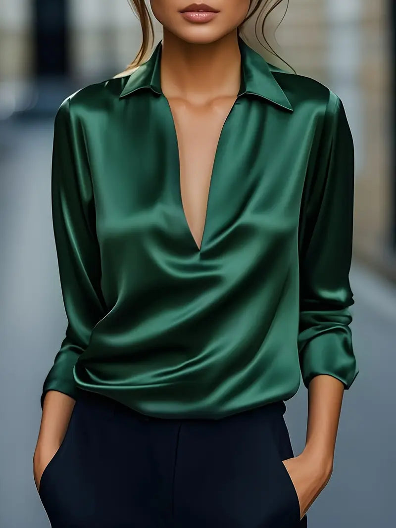 Classic black long sleeve collared V-neck blouse for women, a versatile workwear essential.