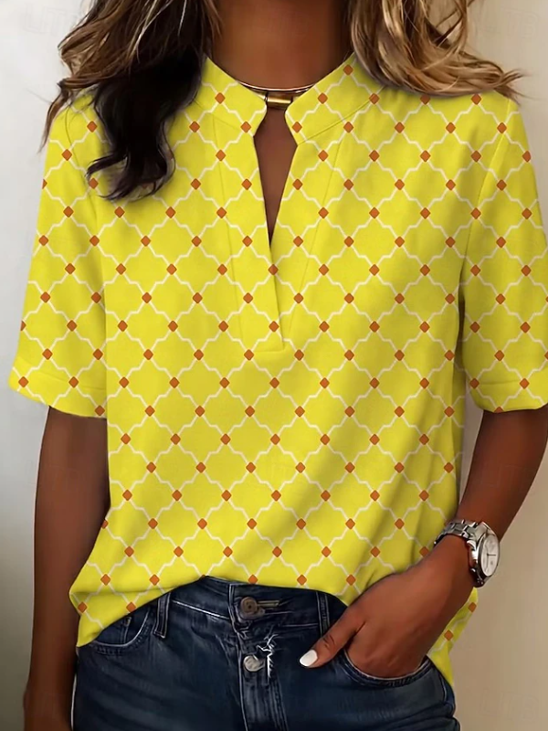 Stylish women's geometric print Henley blouse, a versatile long-sleeve shirt for casual wear.