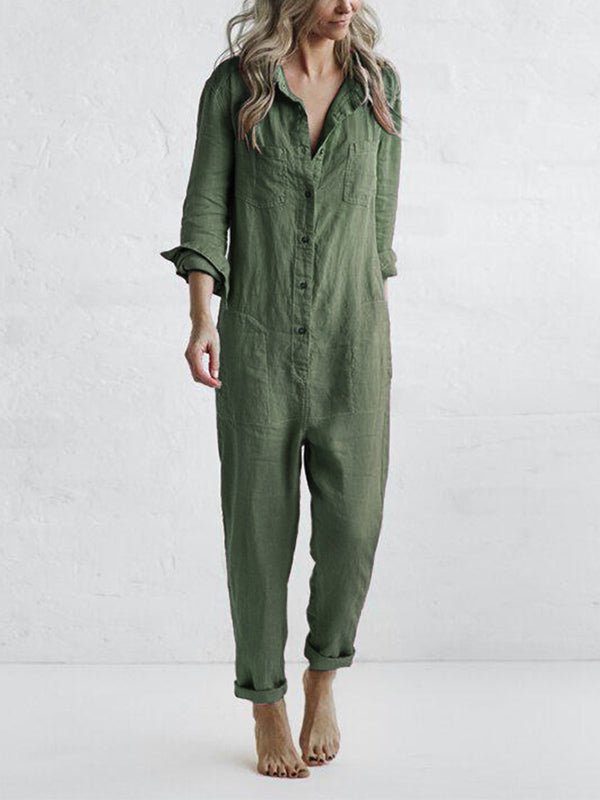 Women's long sleeve jumpsuit in a relaxed fit, perfect for casual wear.