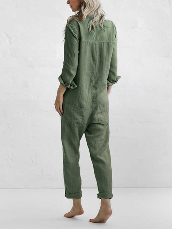 Comfortable women's button-up jumpsuit with a straight leg design.