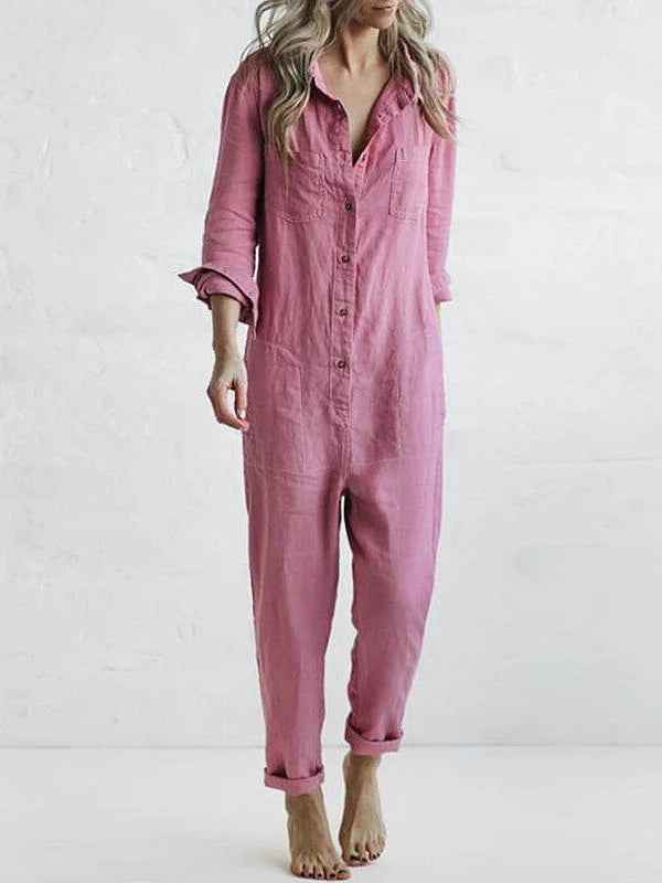Effortless comfort jumpsuit for women, featuring a classic button-up front.