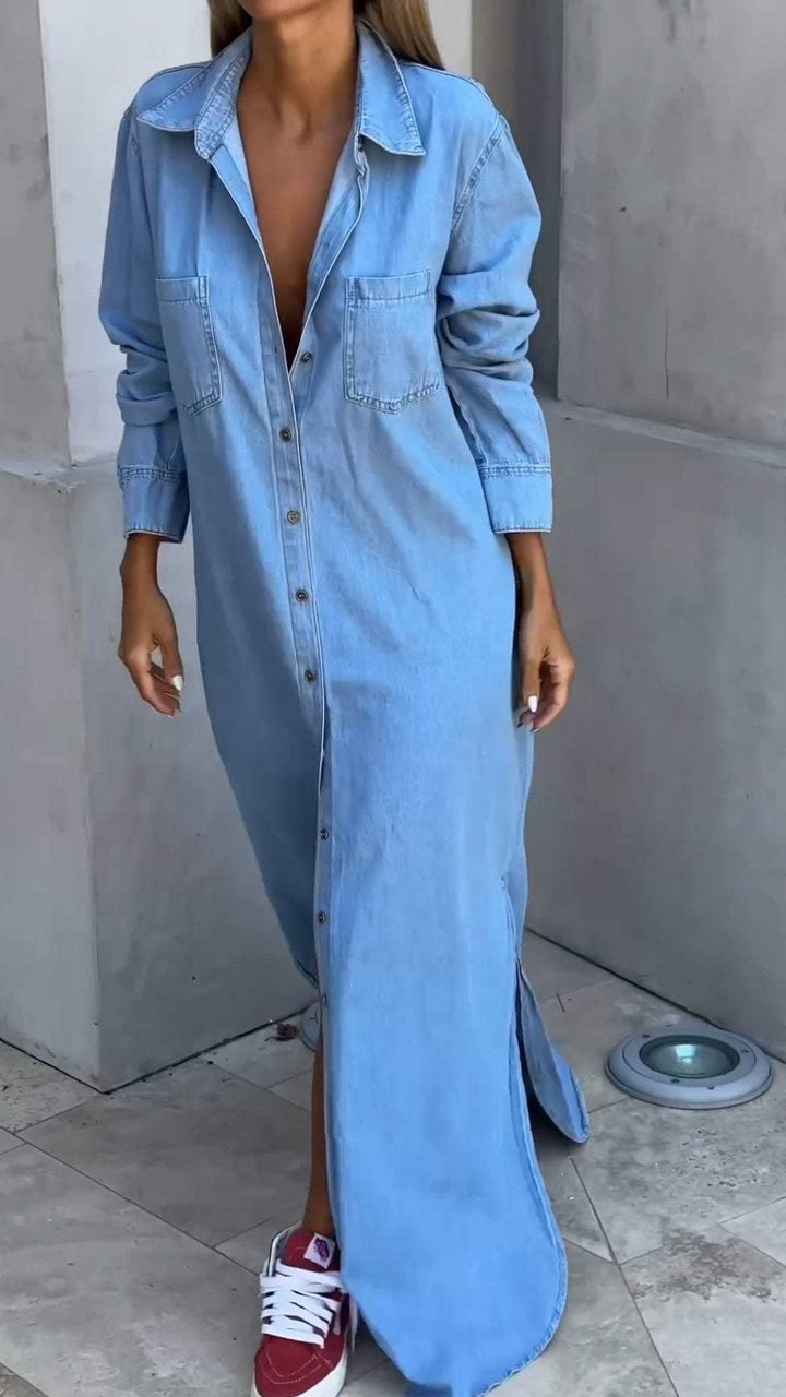 Comfortable women's long sleeve autumn dress, versatile for casual wear. Features a stylish lapel design.