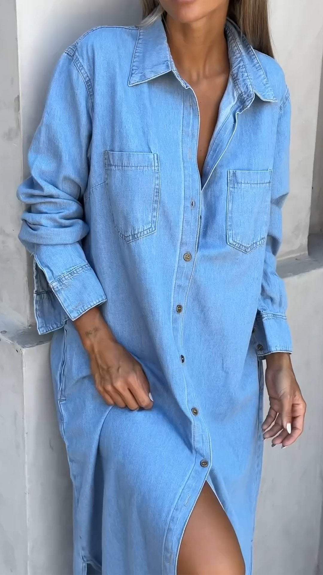 Elegant blue long sleeve lapel dress for women. A chic and comfortable autumn dress for everyday style.