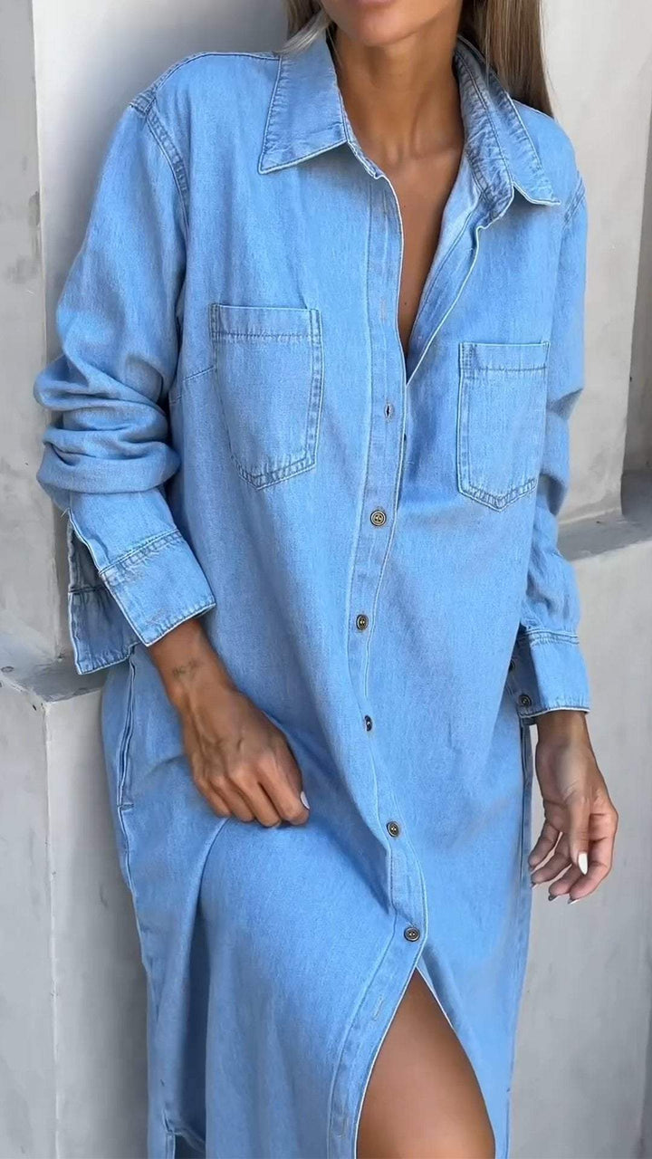 Elegant blue long sleeve lapel dress for women. A chic and comfortable autumn dress for everyday style.