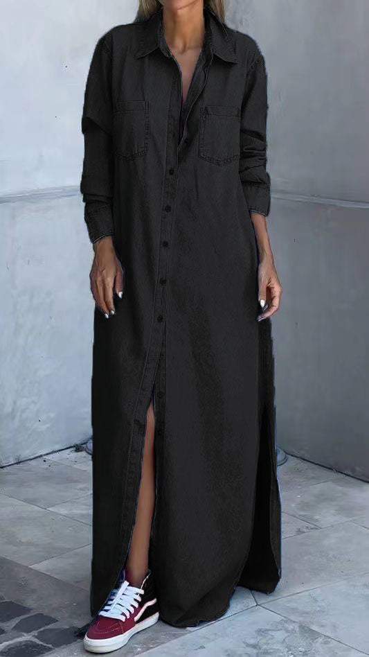 Grey women's long sleeve lapel dress, a comfortable and chic option for casual autumn styling.