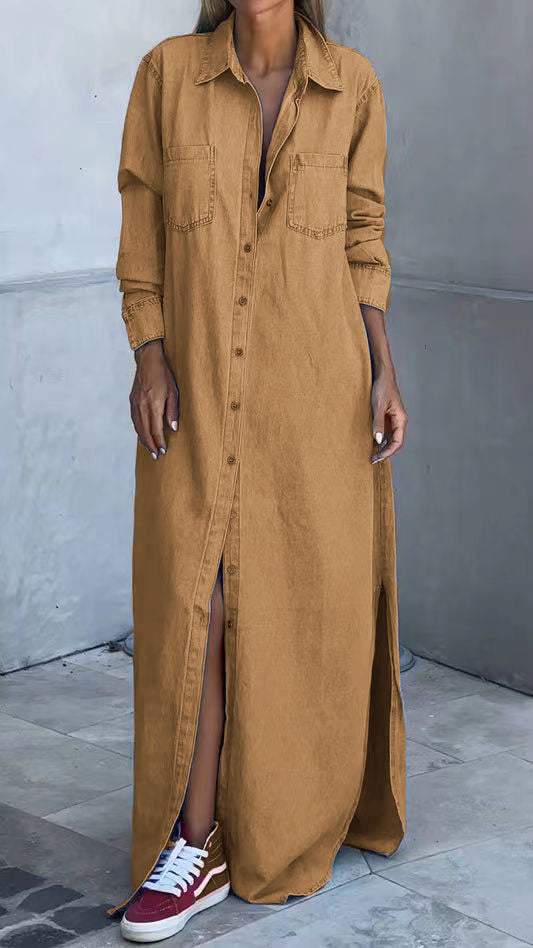 Women's elegant long sleeve lapel autumn dress. A versatile and chic choice for comfortable seasonal style.