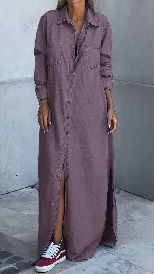 Dark blue long sleeve lapel dress for women, offering a chic and versatile look for any casual occasion.
