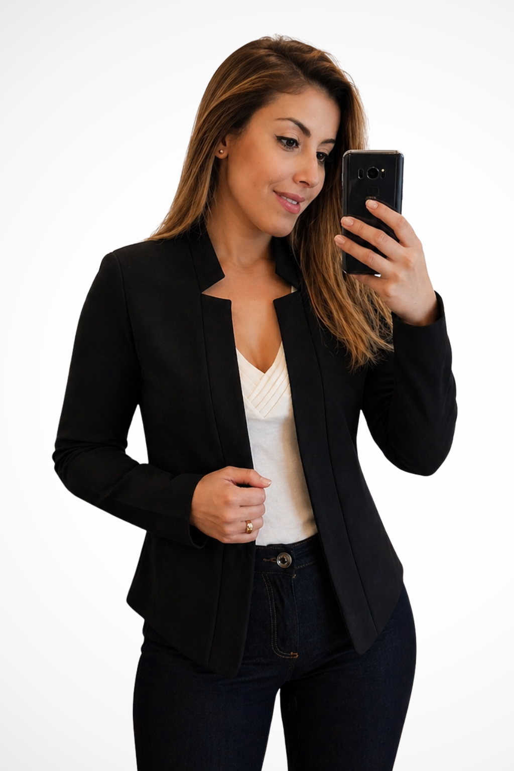 Women's long sleeve open front collarless fitted summer blazer, perfect for office or casual chic.