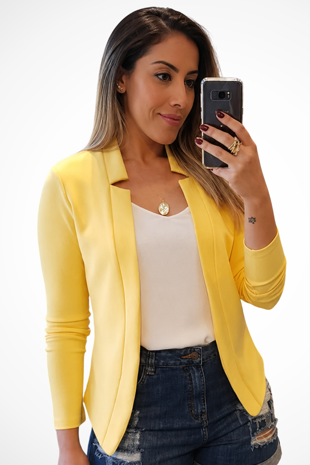 Stylish women's open front collarless blazer, long sleeve, fitted, lightweight for summer fashion.