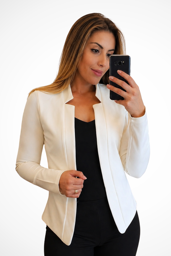 Chic women's long sleeve fitted blazer, open front & collarless design for office or casual summer style.